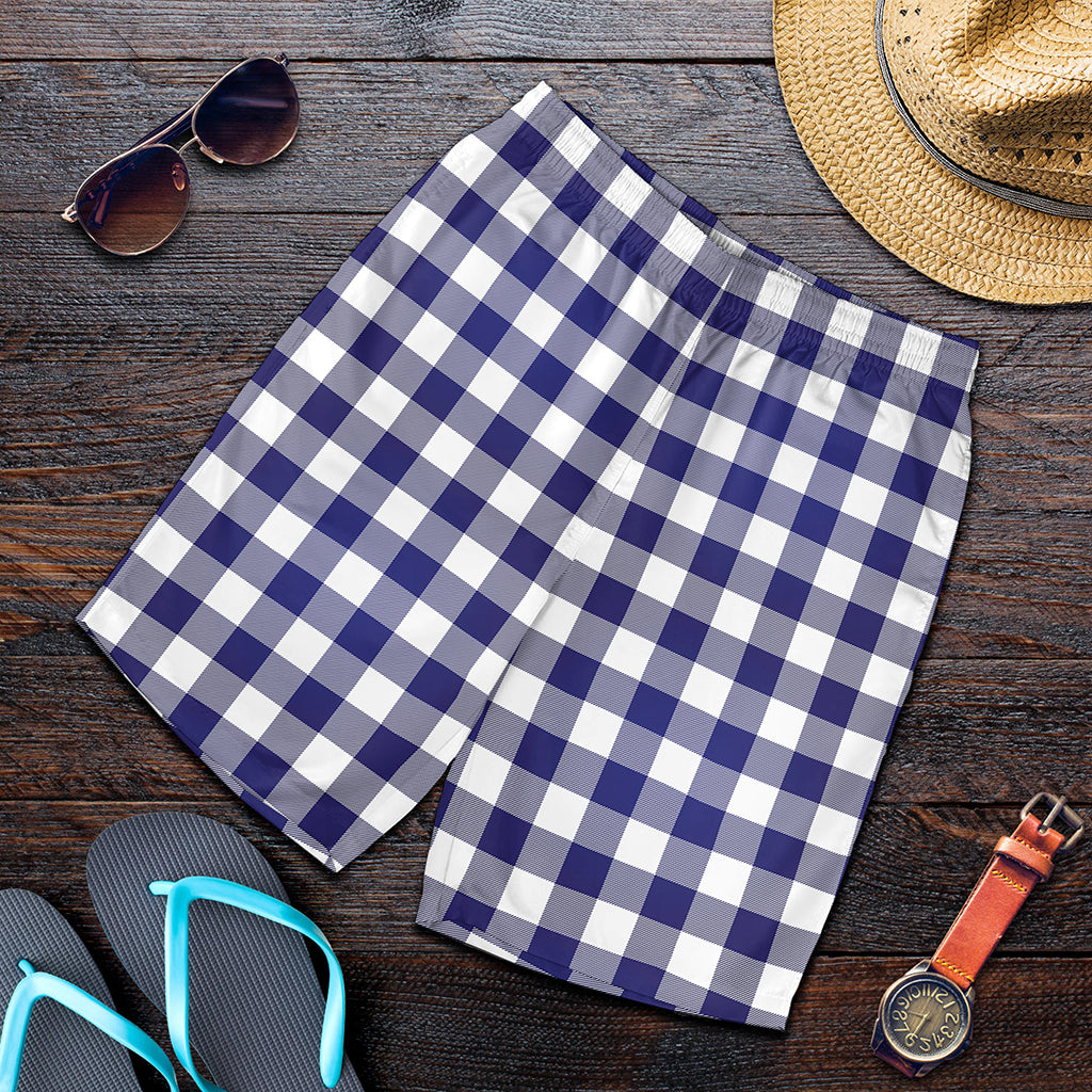 Navy And White Buffalo Check Print Men's Shorts