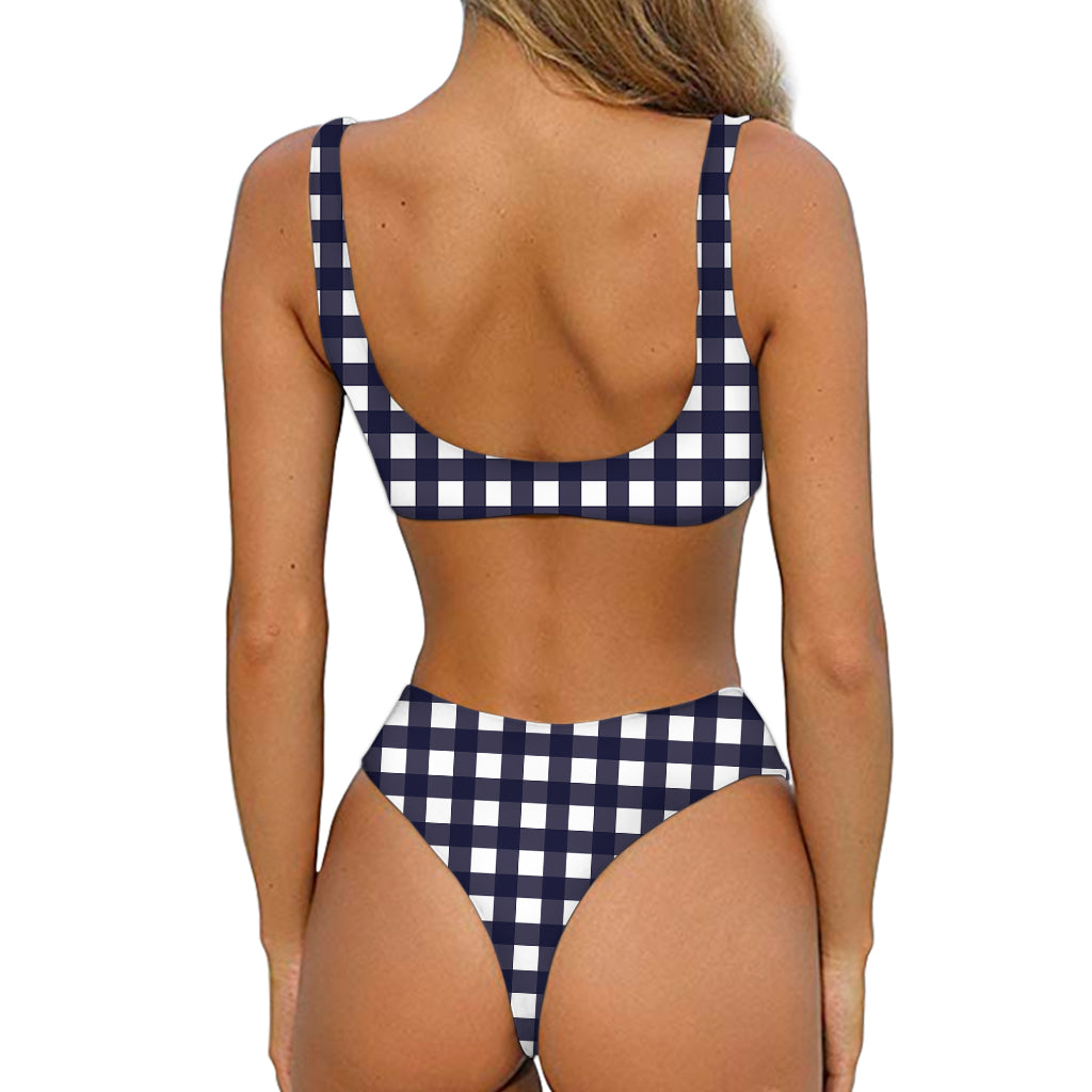 Navy And White Check Pattern Print Front Bow Tie Bikini