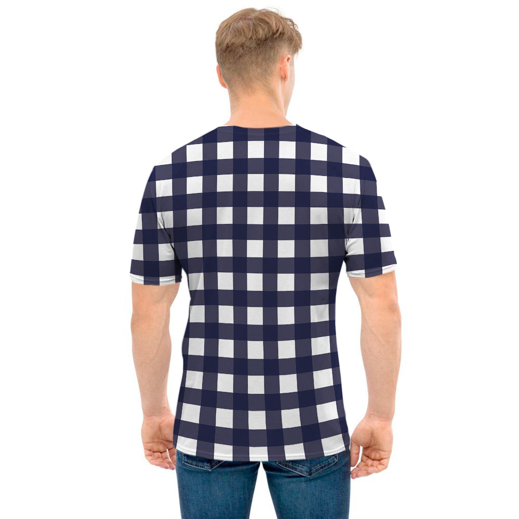 Navy And White Check Pattern Print Men's T-Shirt