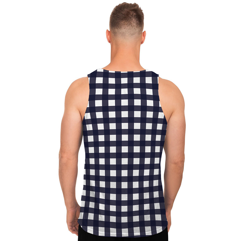 Navy And White Check Pattern Print Men's Tank Top