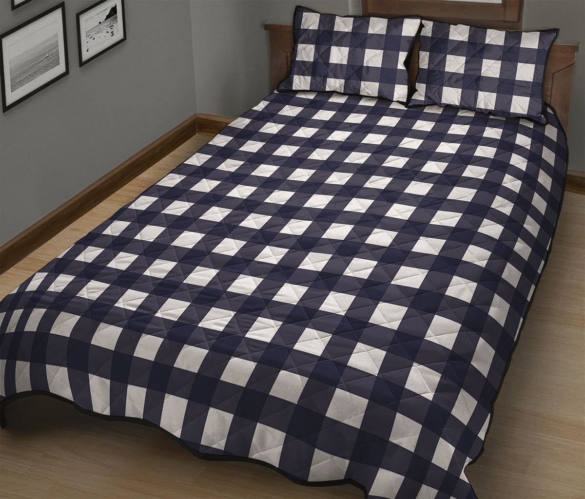 Navy And White Check Pattern Print Quilt Bed Set