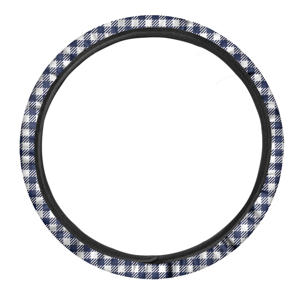 Navy And White Gingham Pattern Print Car Steering Wheel Cover