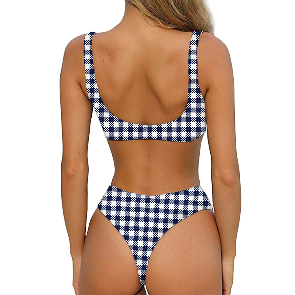 Navy And White Gingham Pattern Print Front Bow Tie Bikini
