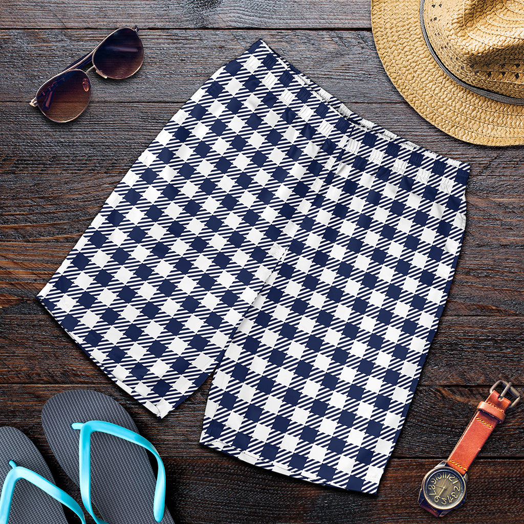Navy And White Gingham Pattern Print Men's Shorts