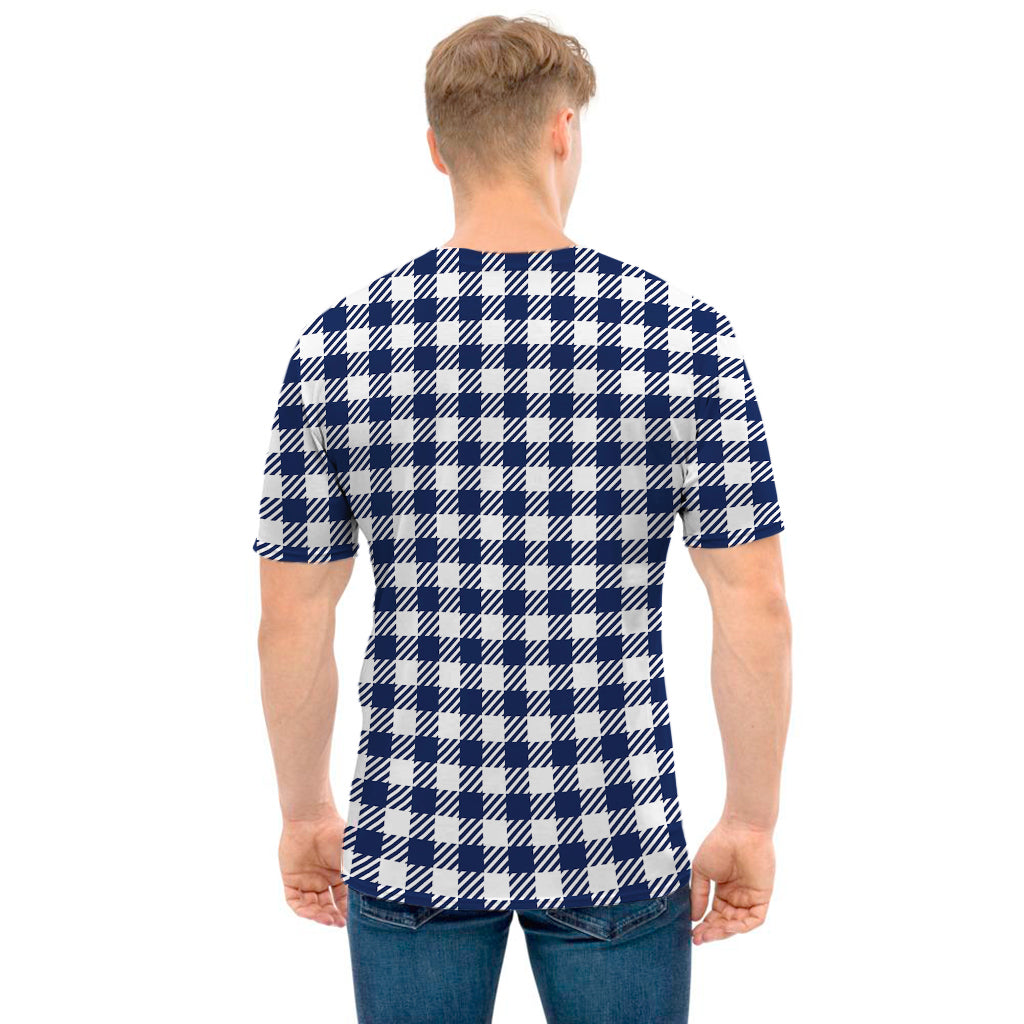 Navy And White Gingham Pattern Print Men's T-Shirt