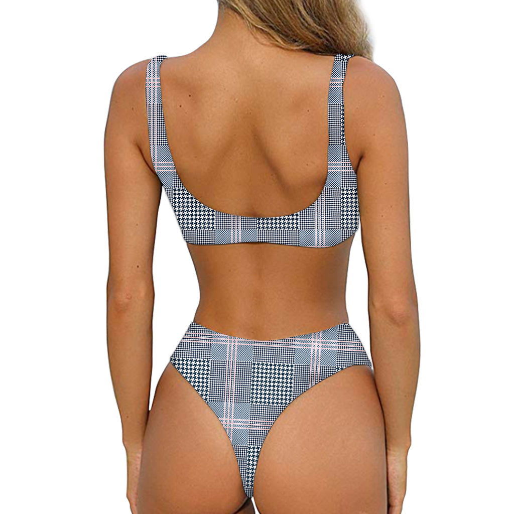 Navy And White Glen Plaid Print Front Bow Tie Bikini