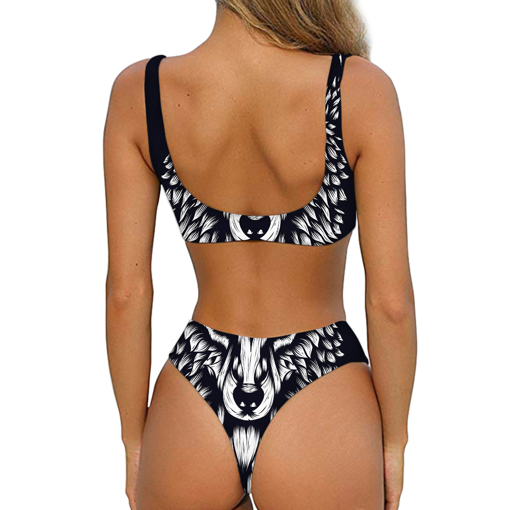 Navy And White Wolf Print Front Bow Tie Bikini