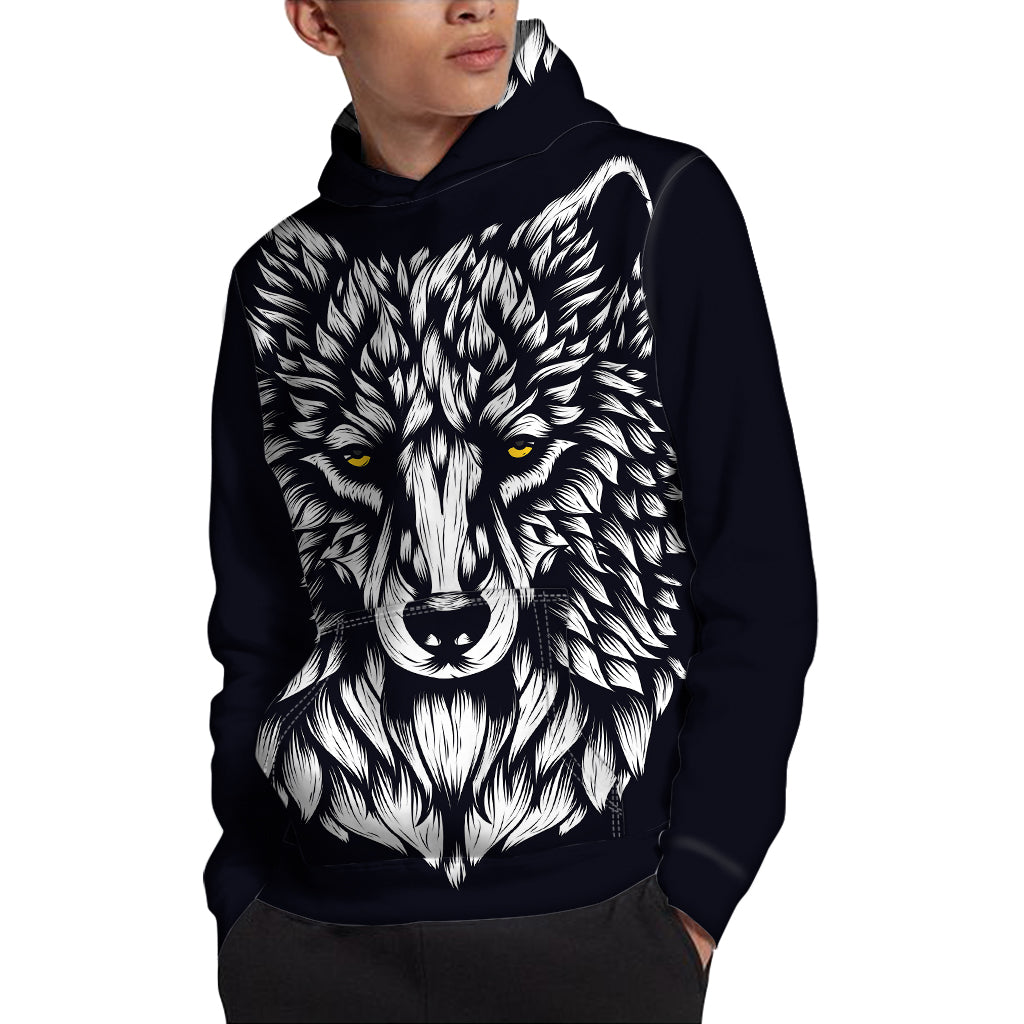 Navy And White Wolf Print Pullover Hoodie