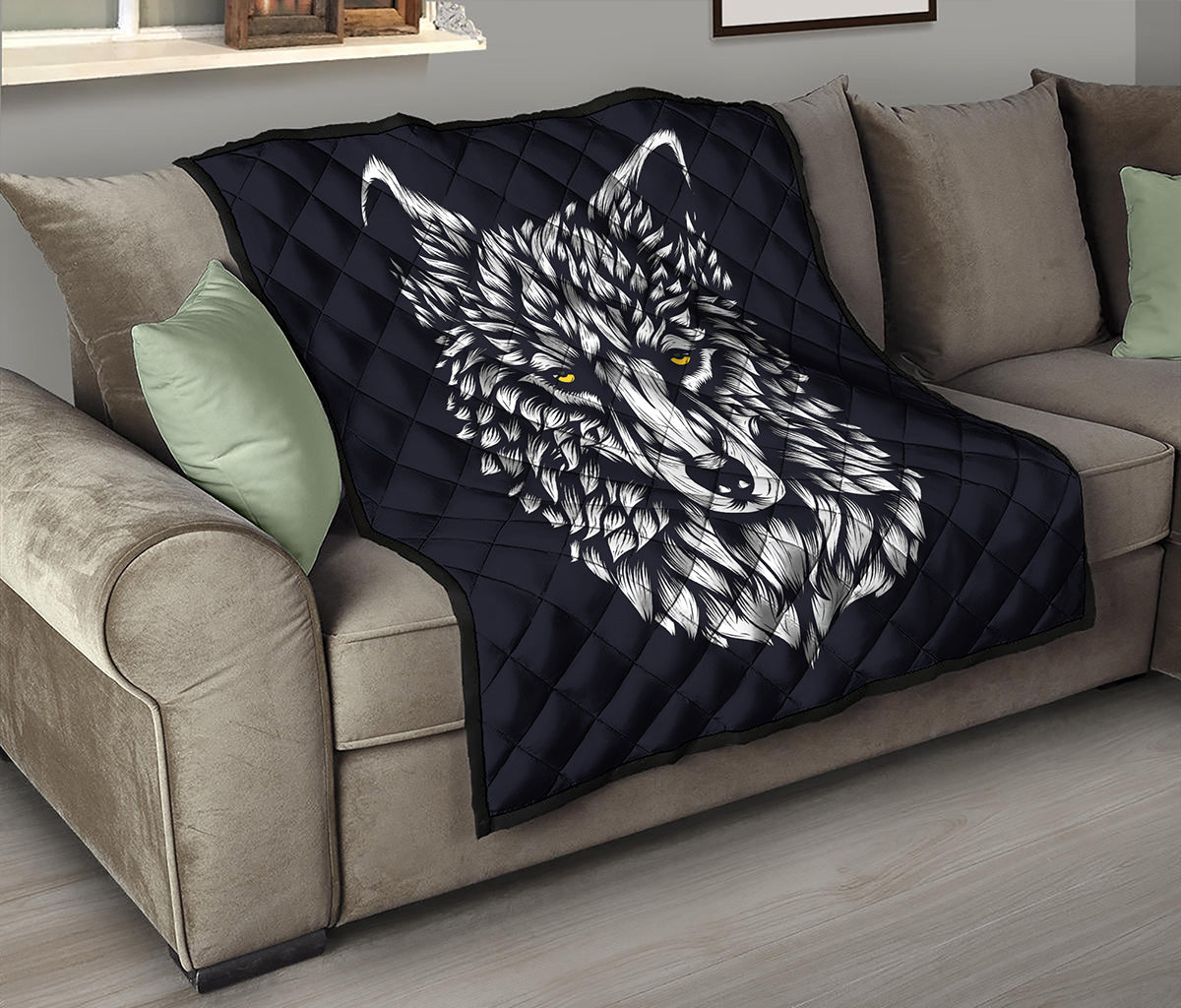 Navy And White Wolf Print Quilt