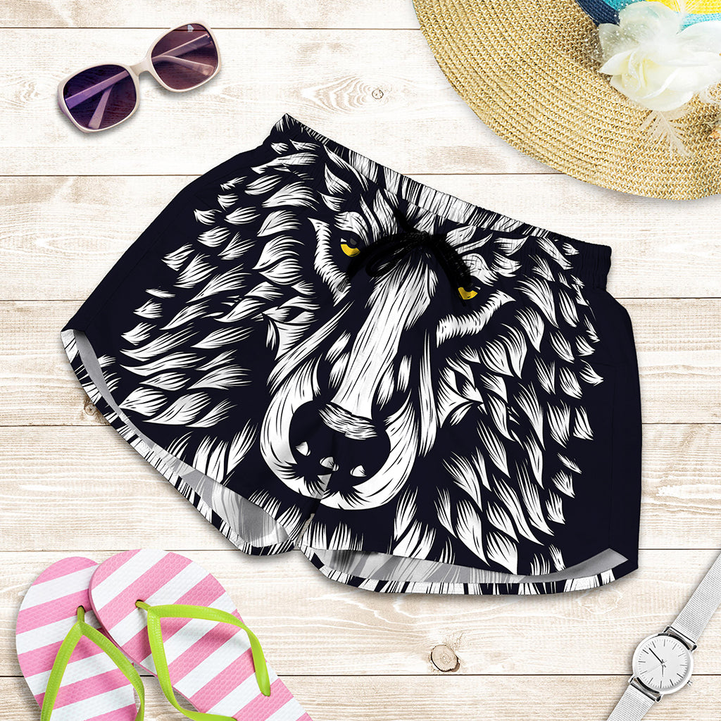 Navy And White Wolf Print Women's Shorts