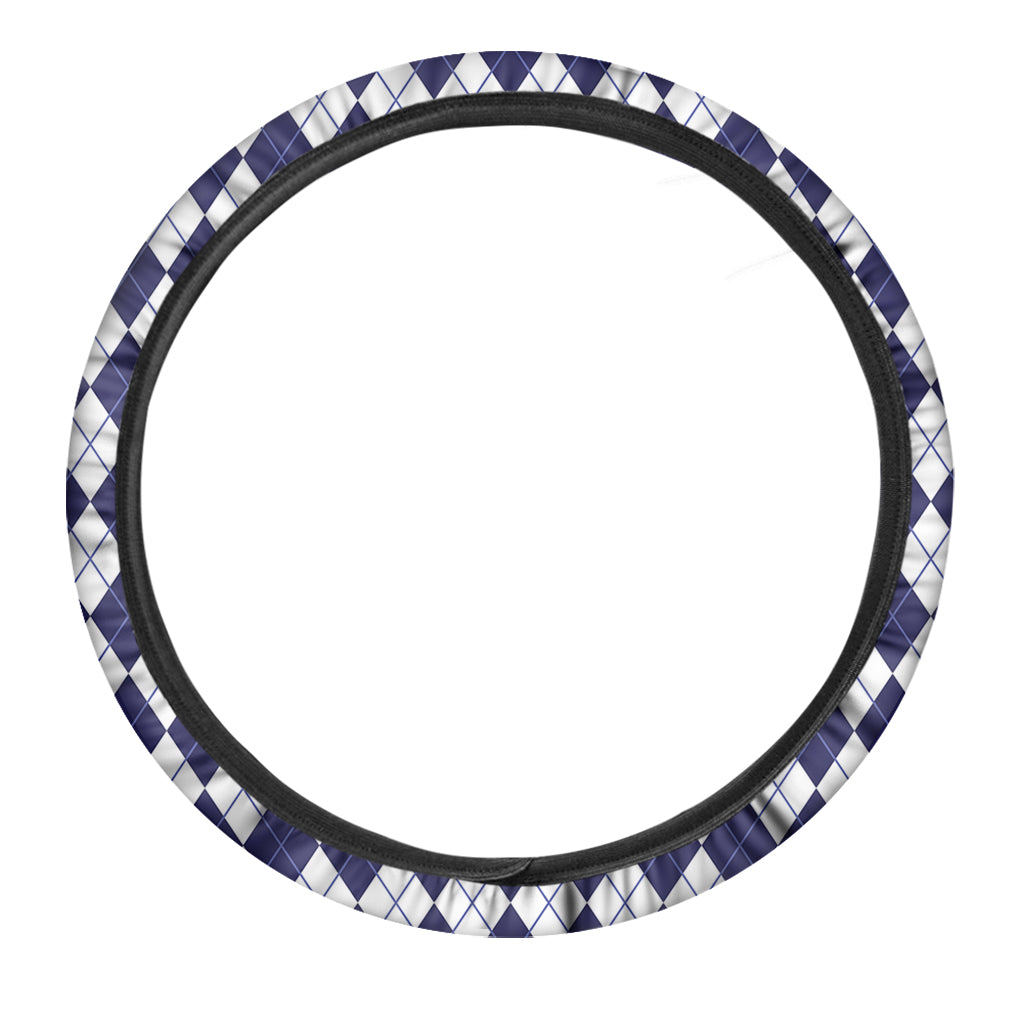 Navy Blue And White Argyle Pattern Print Car Steering Wheel Cover