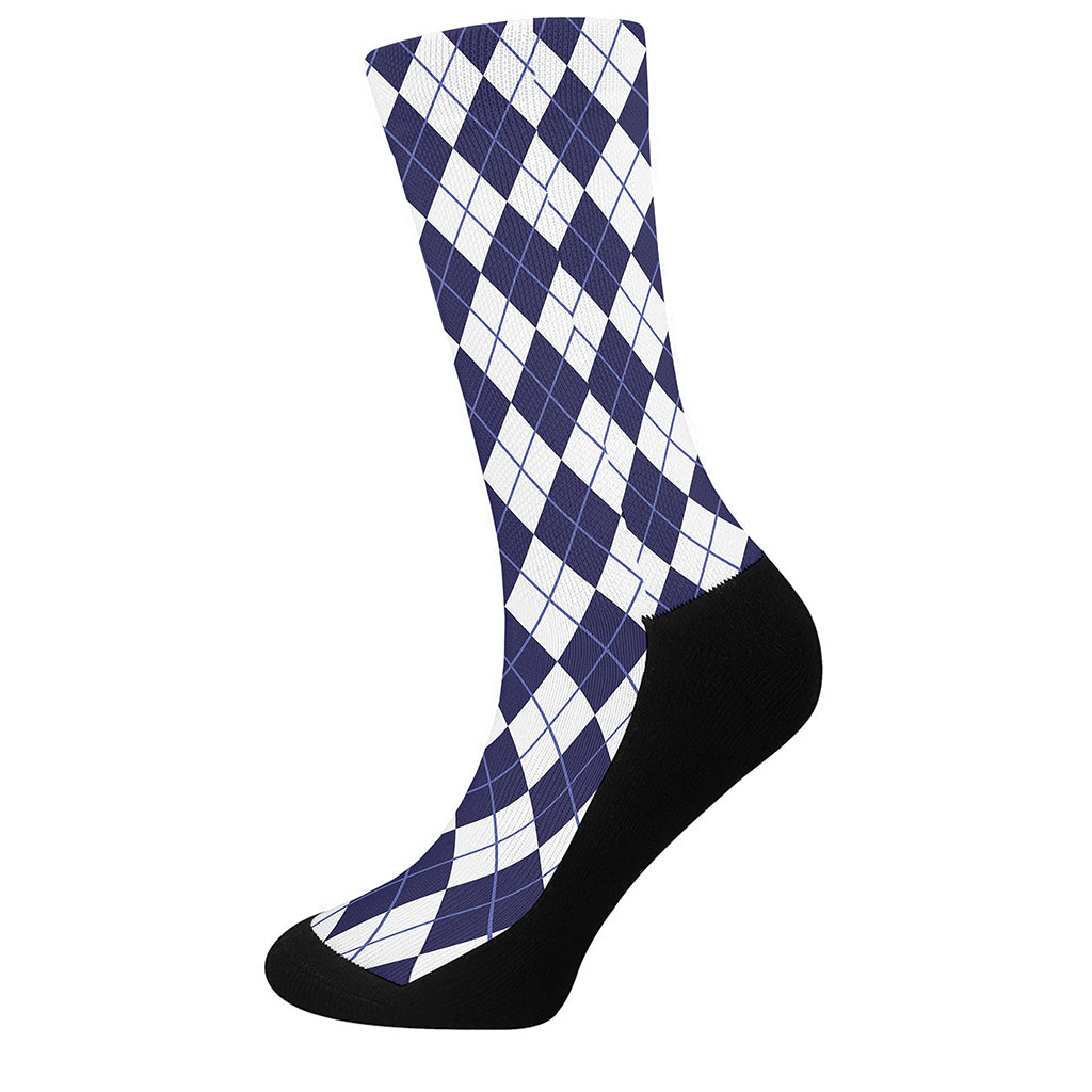 Navy Blue And White Argyle Pattern Print Crew Socks