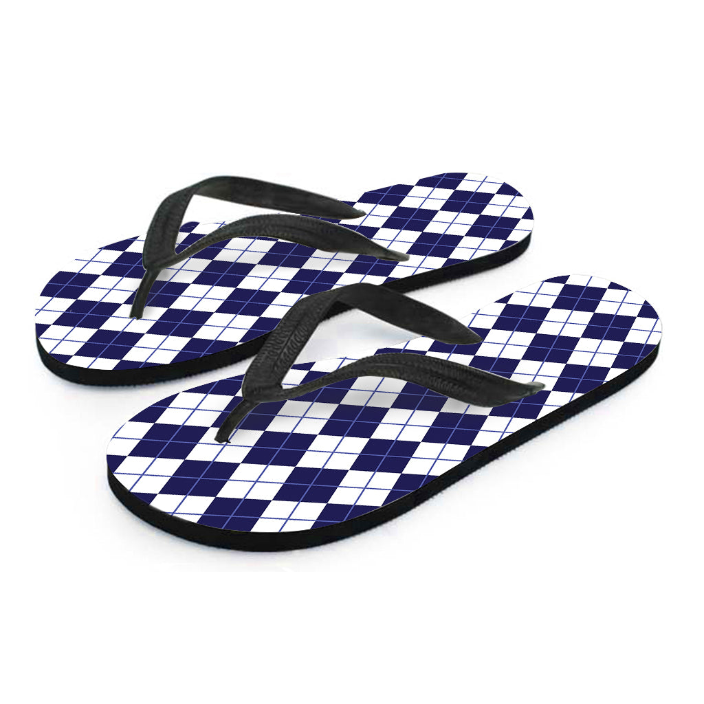 Navy Blue And White Argyle Pattern Print Flip Flops