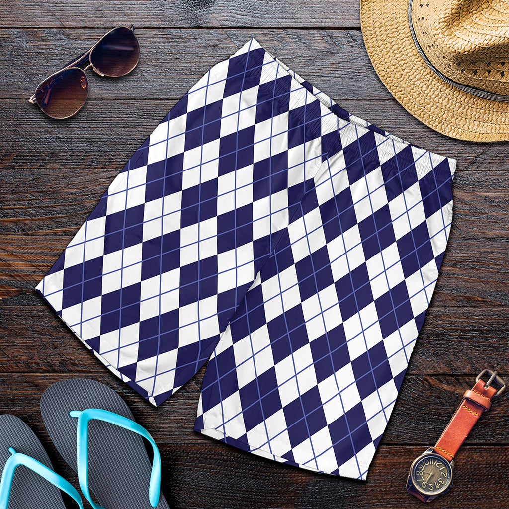 Navy Blue And White Argyle Pattern Print Men's Shorts