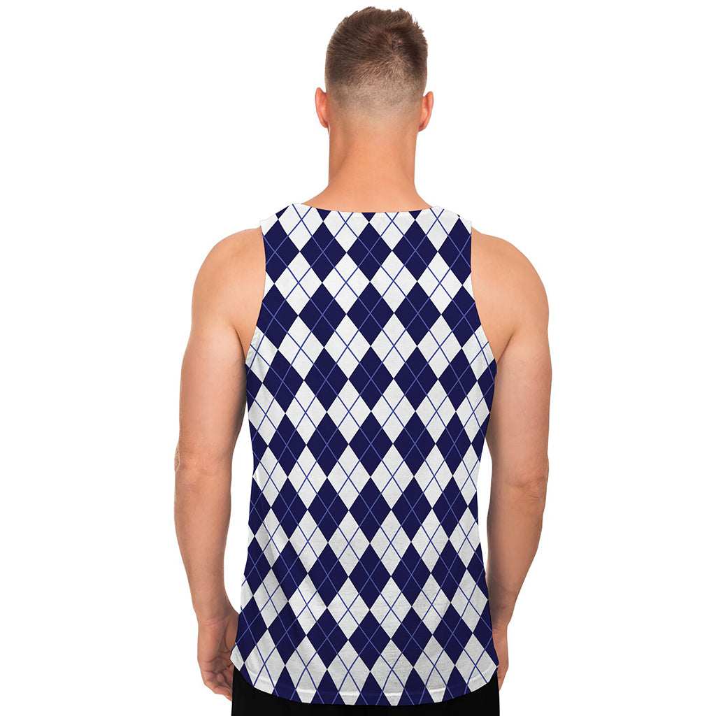 Navy Blue And White Argyle Pattern Print Men's Tank Top