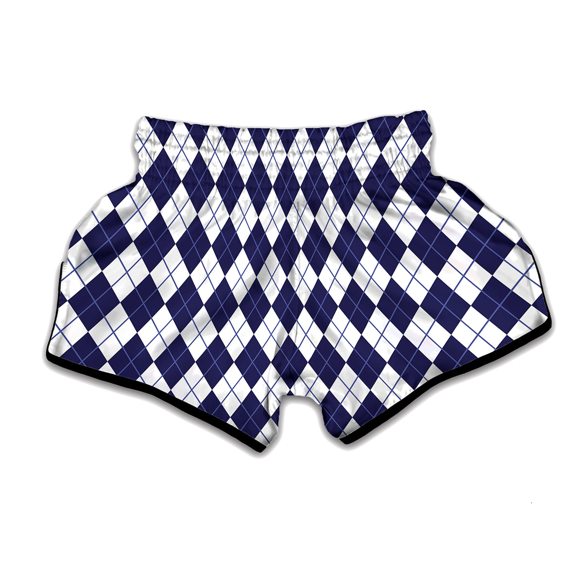 Navy Blue And White Argyle Pattern Print Muay Thai Boxing Shorts
