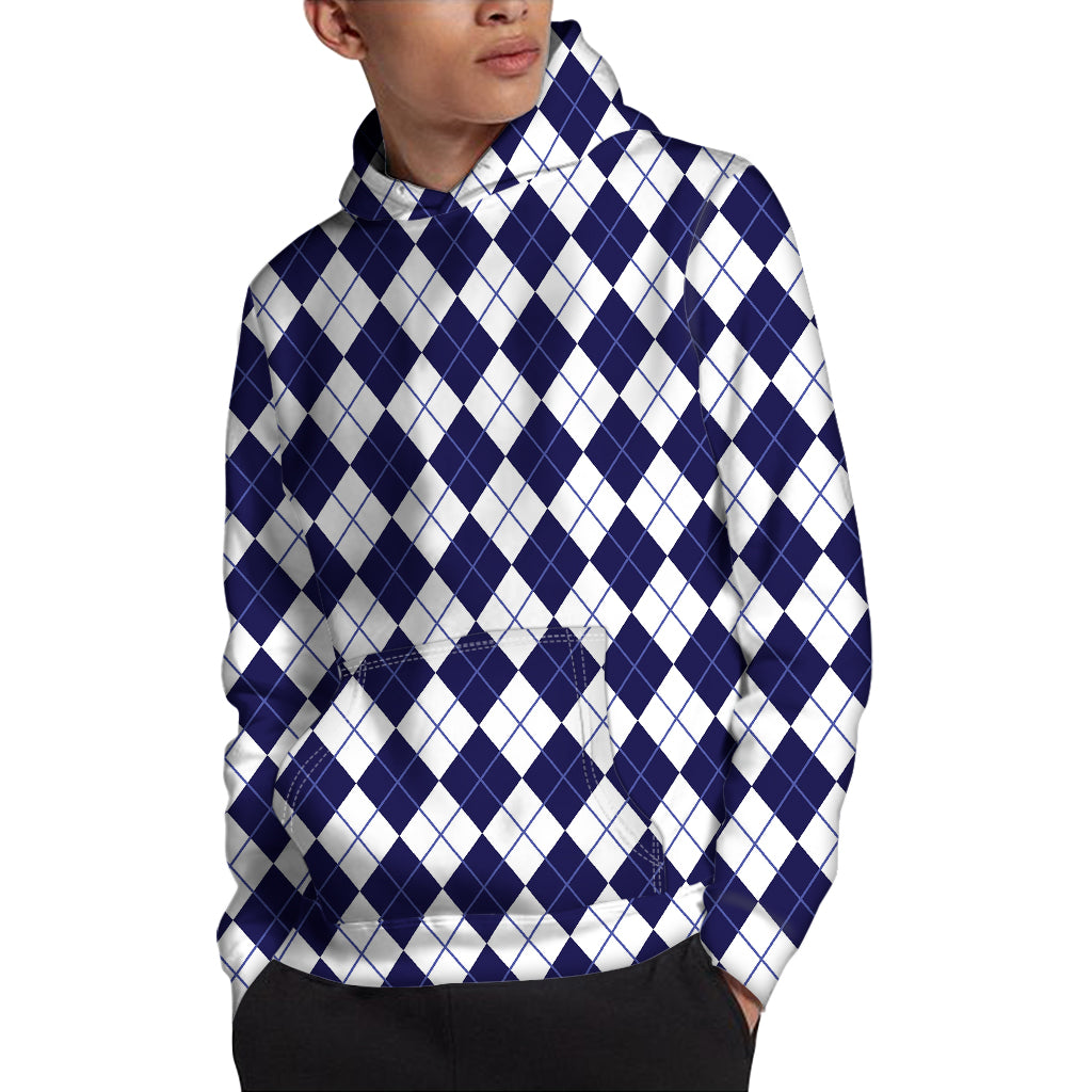 Navy Blue And White Argyle Pattern Print Pullover Hoodie