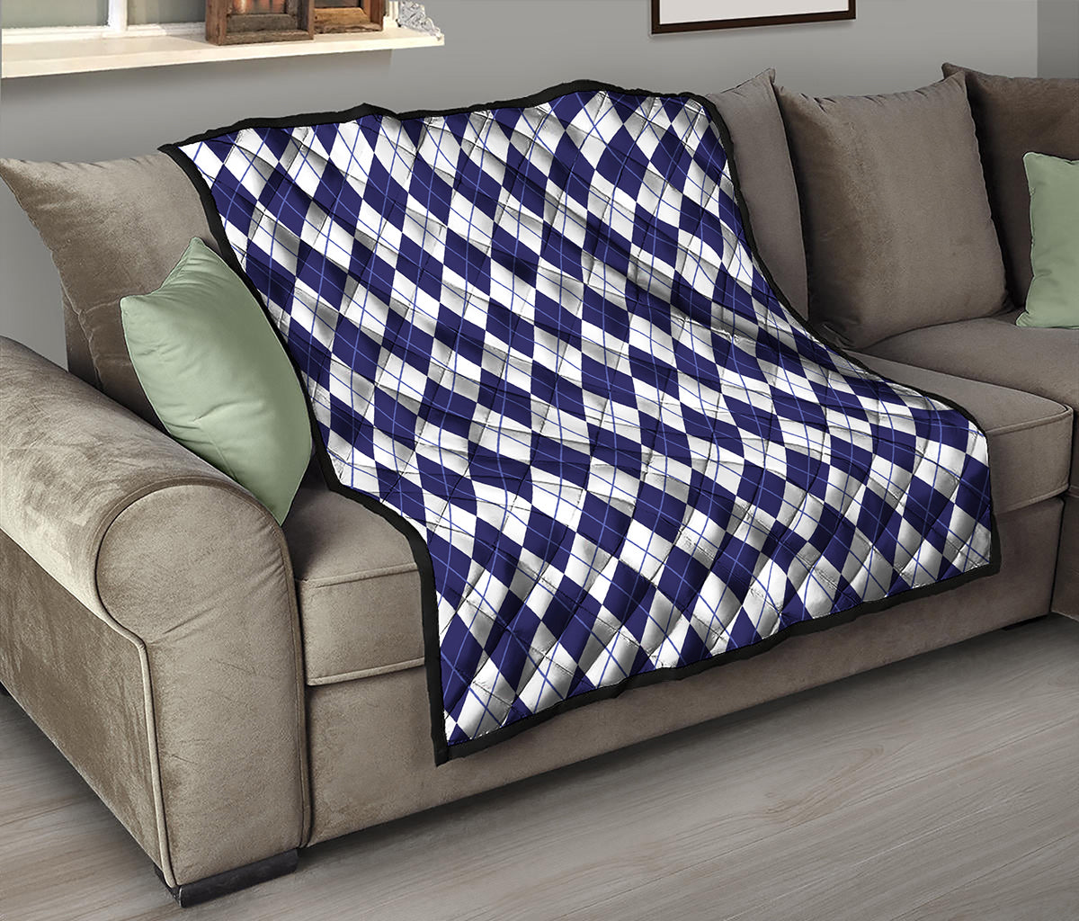 Navy Blue And White Argyle Pattern Print Quilt