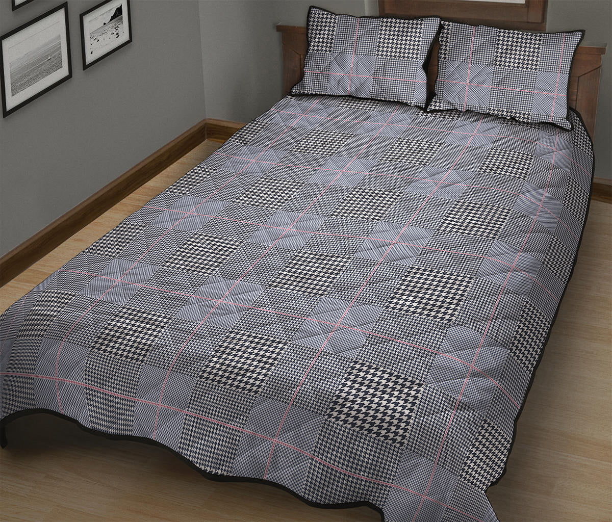 Navy Blue Prince of Wales Check Print Quilt Bed Set