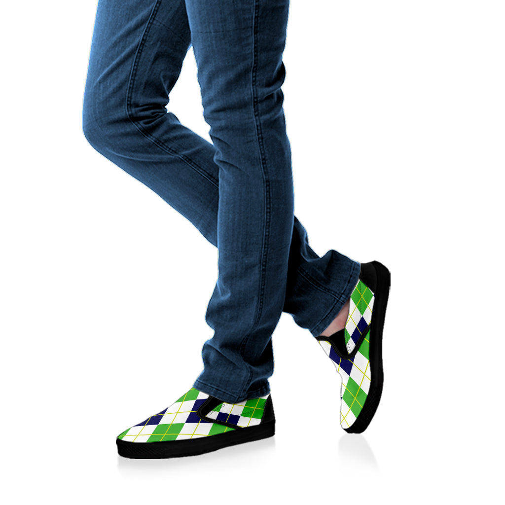 Navy Green And White Argyle Print Black Slip On Shoes
