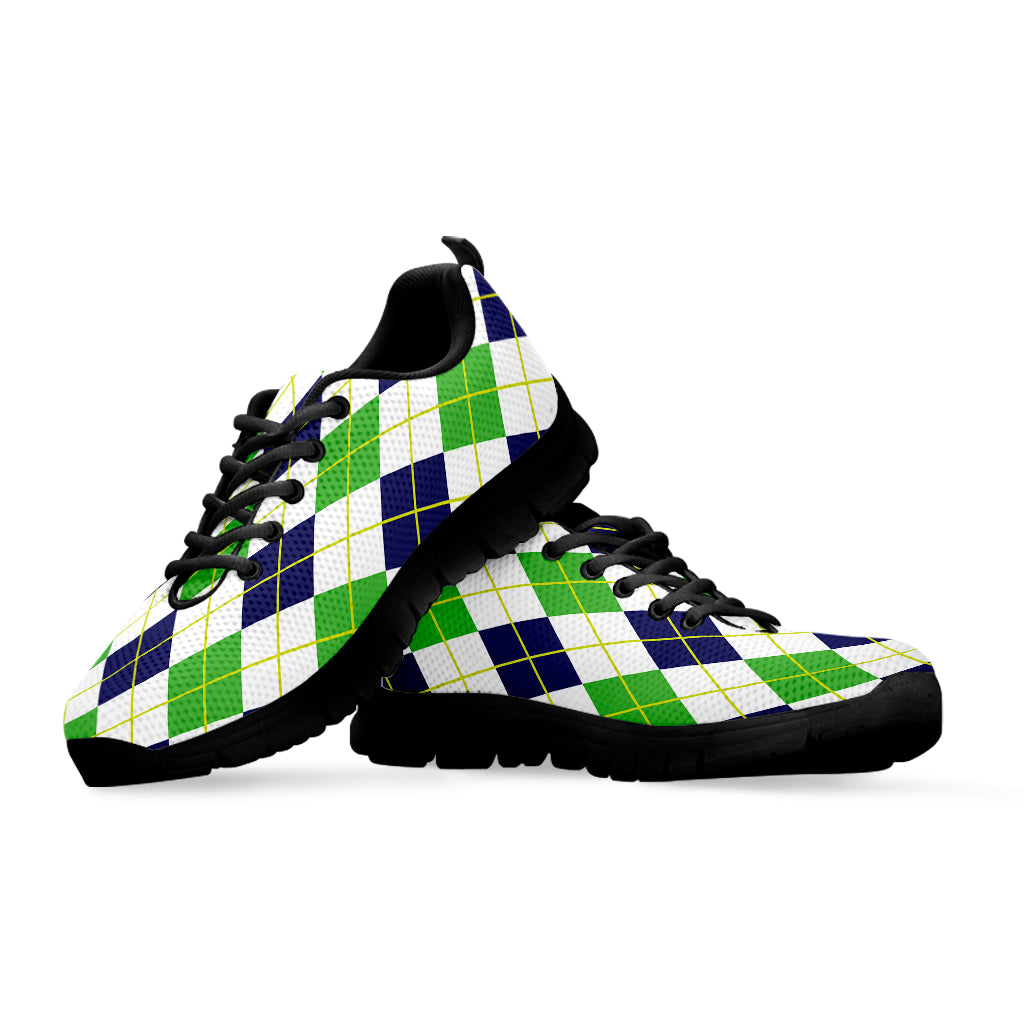 Navy Green And White Argyle Print Black Sneakers