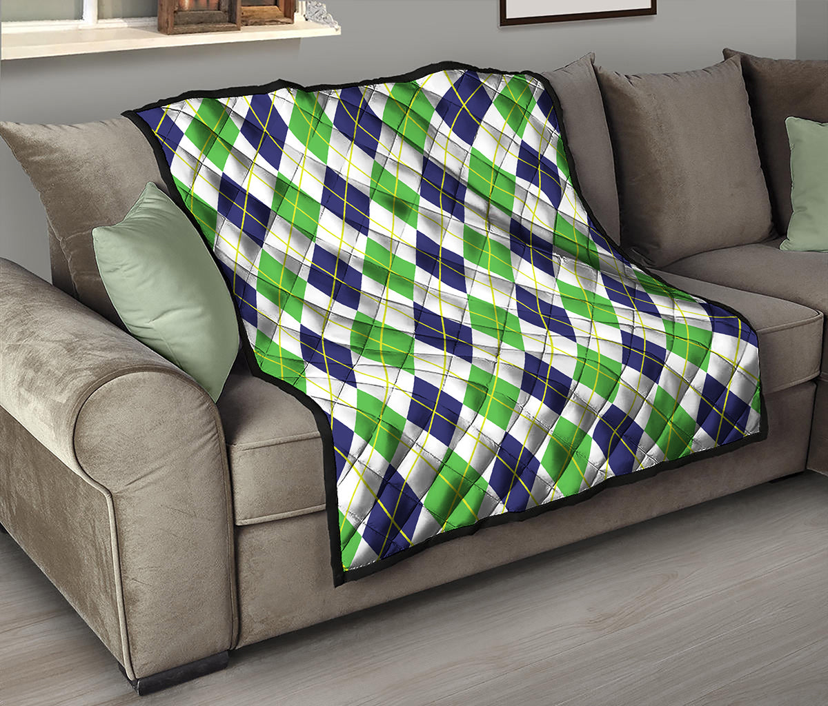 Navy Green And White Argyle Print Quilt