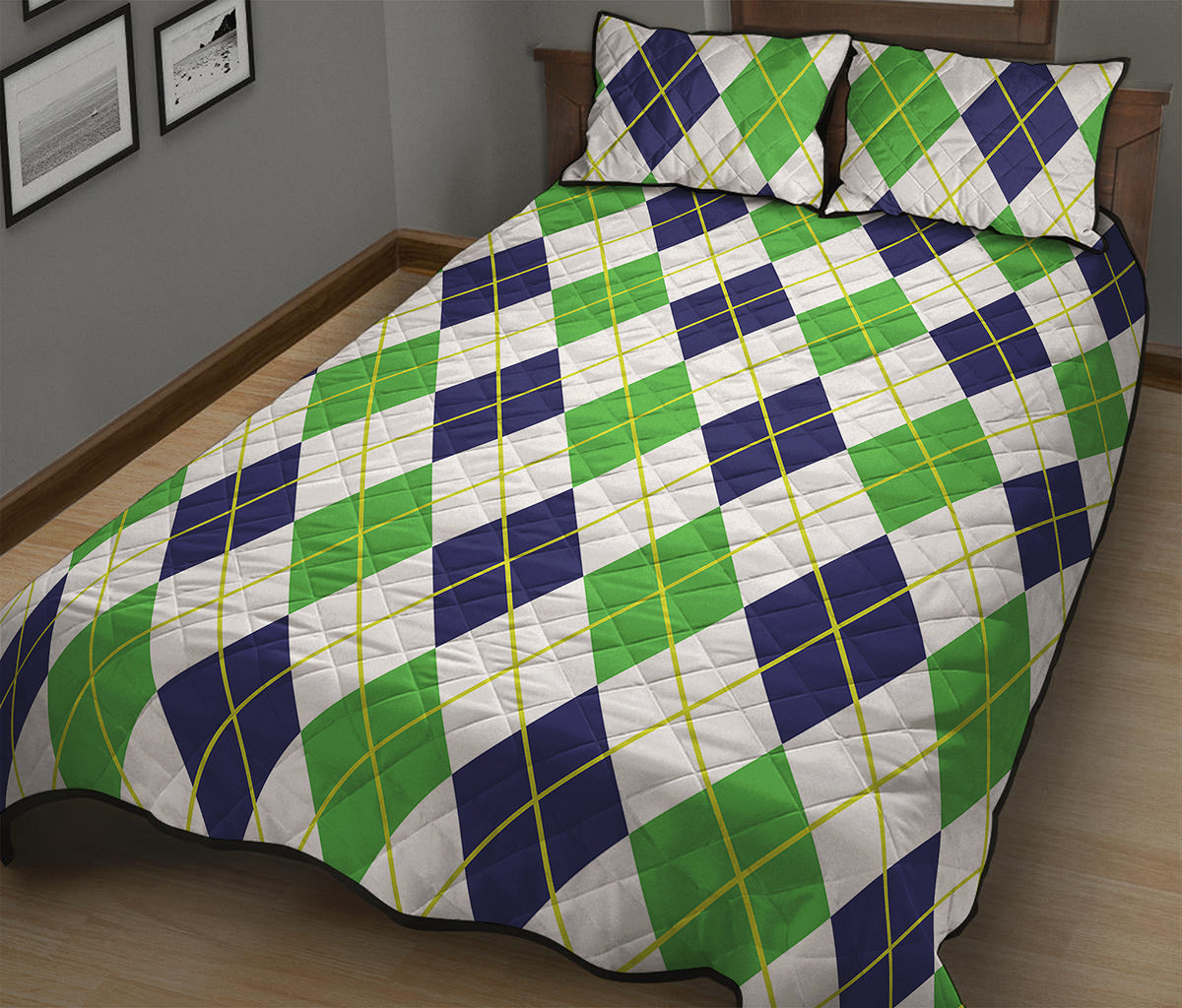 Navy Green And White Argyle Print Quilt Bed Set