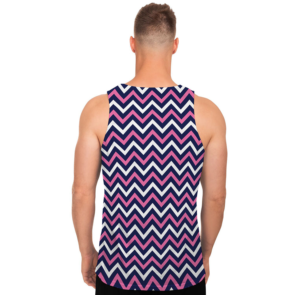 Navy Pink And White Chevron Print Men's Tank Top