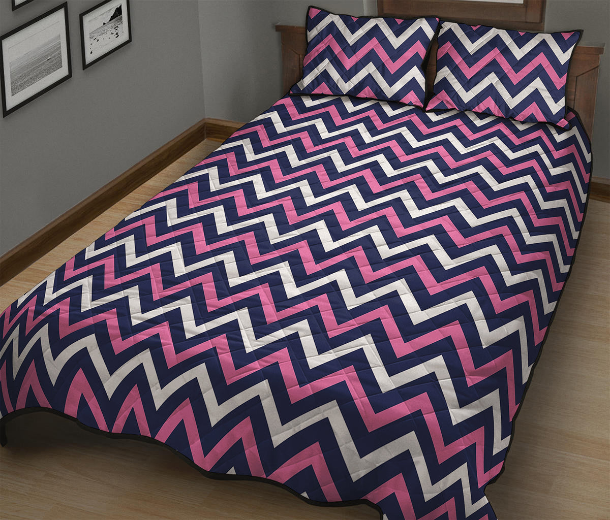 Navy Pink And White Chevron Print Quilt Bed Set