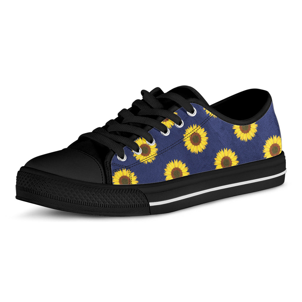 Navy Sunflower Pattern Print Black Low Top Shoes