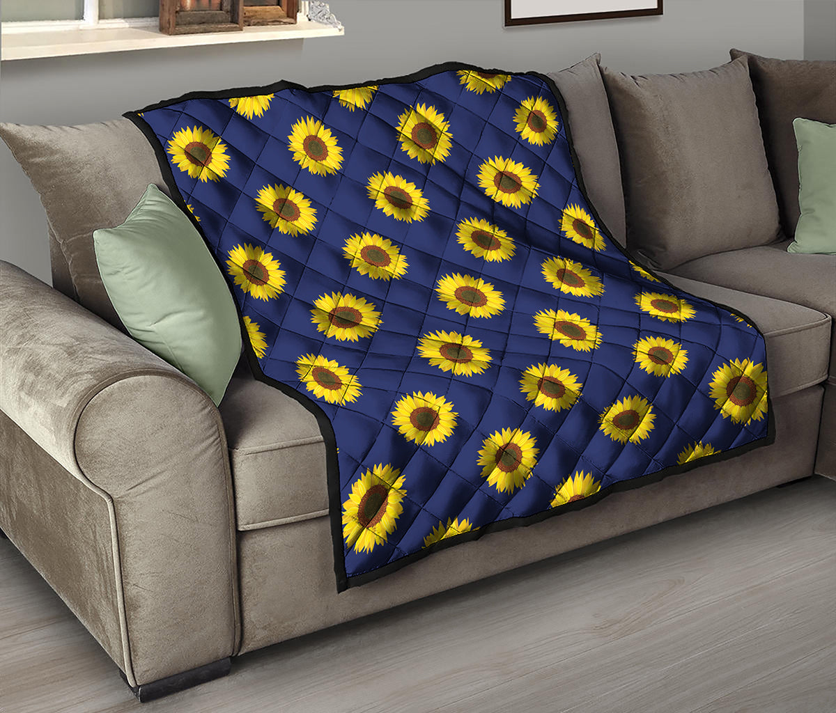 Navy Sunflower Pattern Print Quilt
