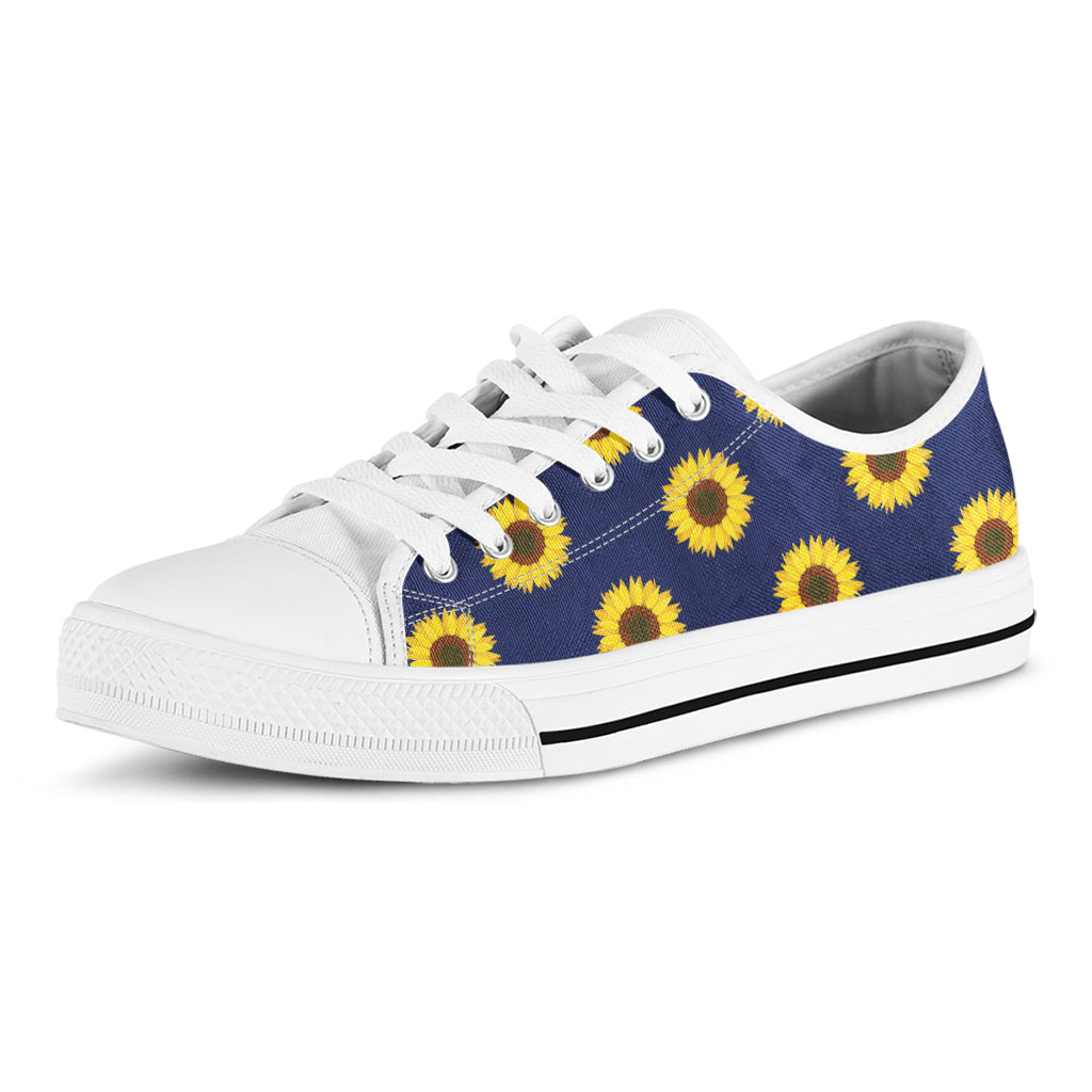 Navy Sunflower Pattern Print White Low Top Shoes