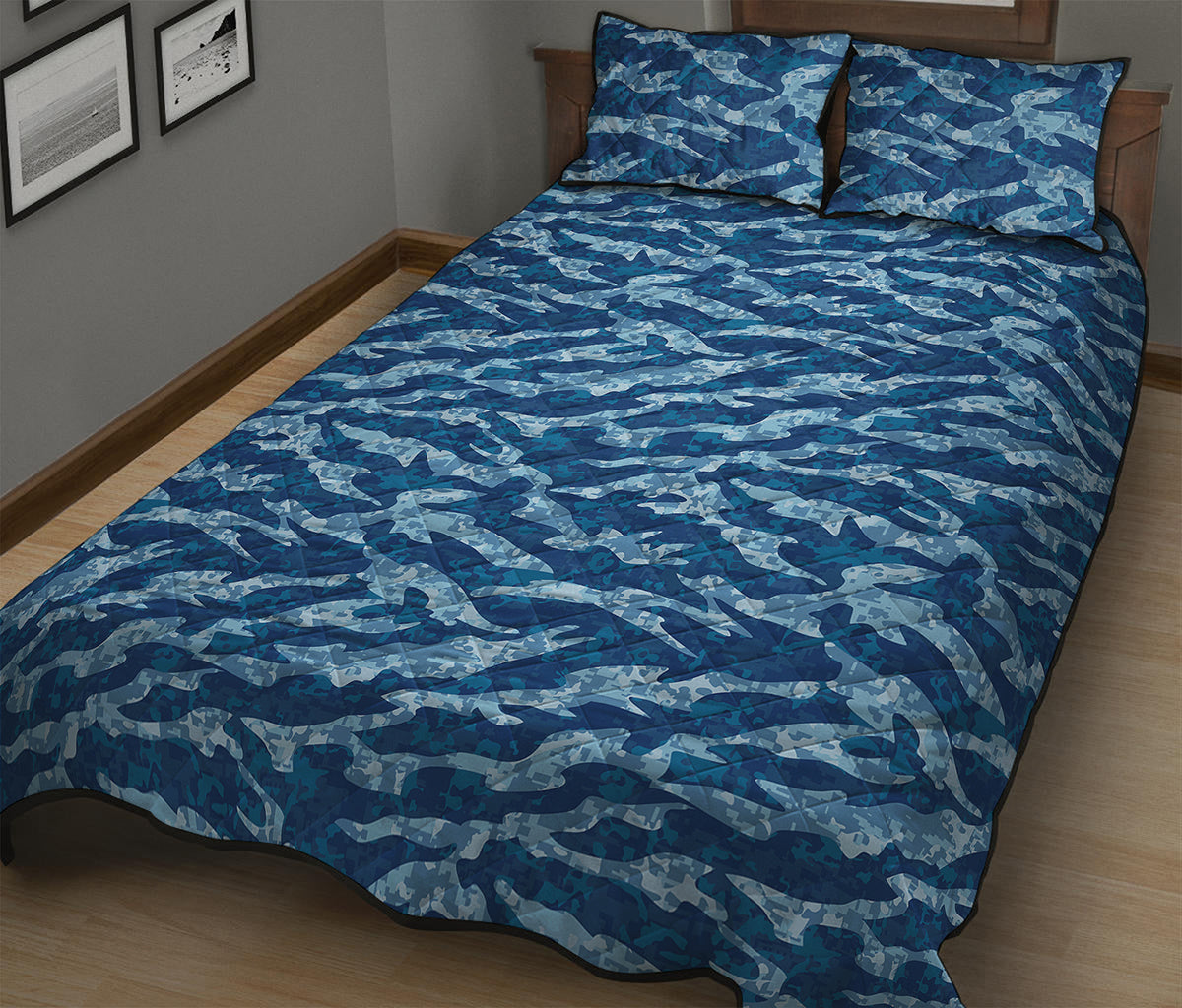 Navy Tiger Stripe Camo Pattern Print Quilt Bed Set