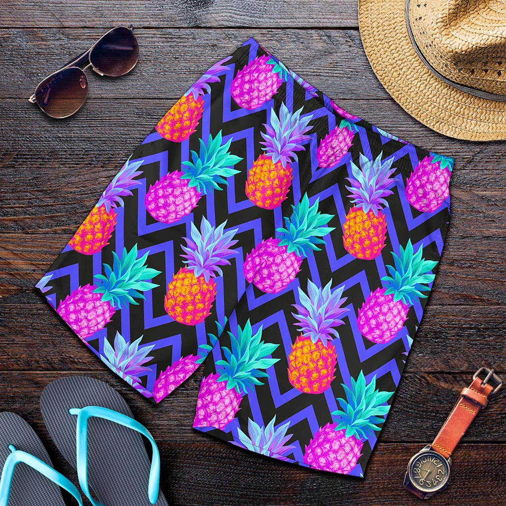 Neon EDM Zig Zag Pineapple Pattern Print Men's Shorts