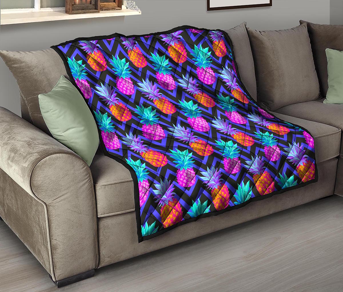 Neon EDM Zig Zag Pineapple Pattern Print Quilt