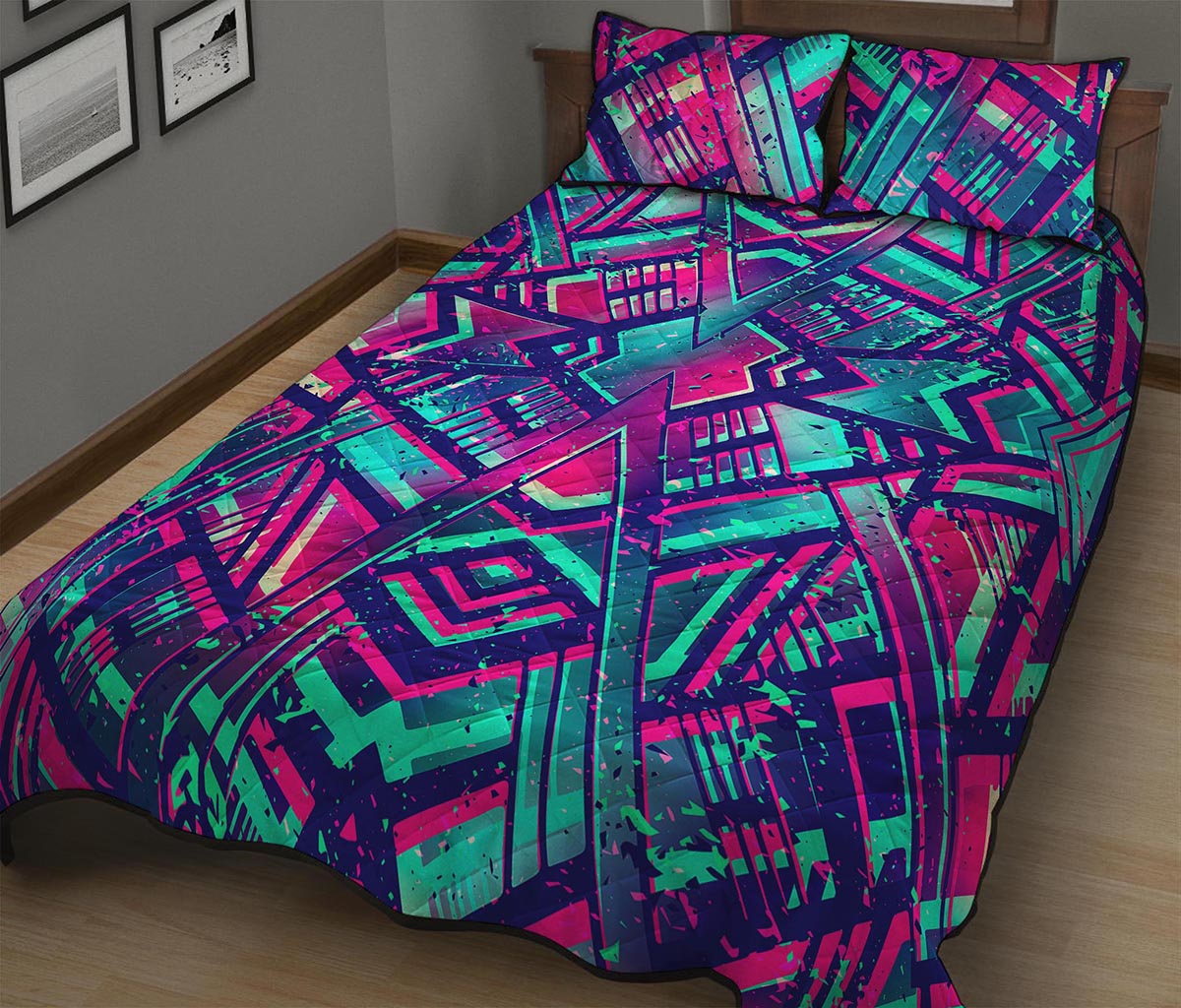 Neon Ethnic Aztec Trippy Print Quilt Bed Set