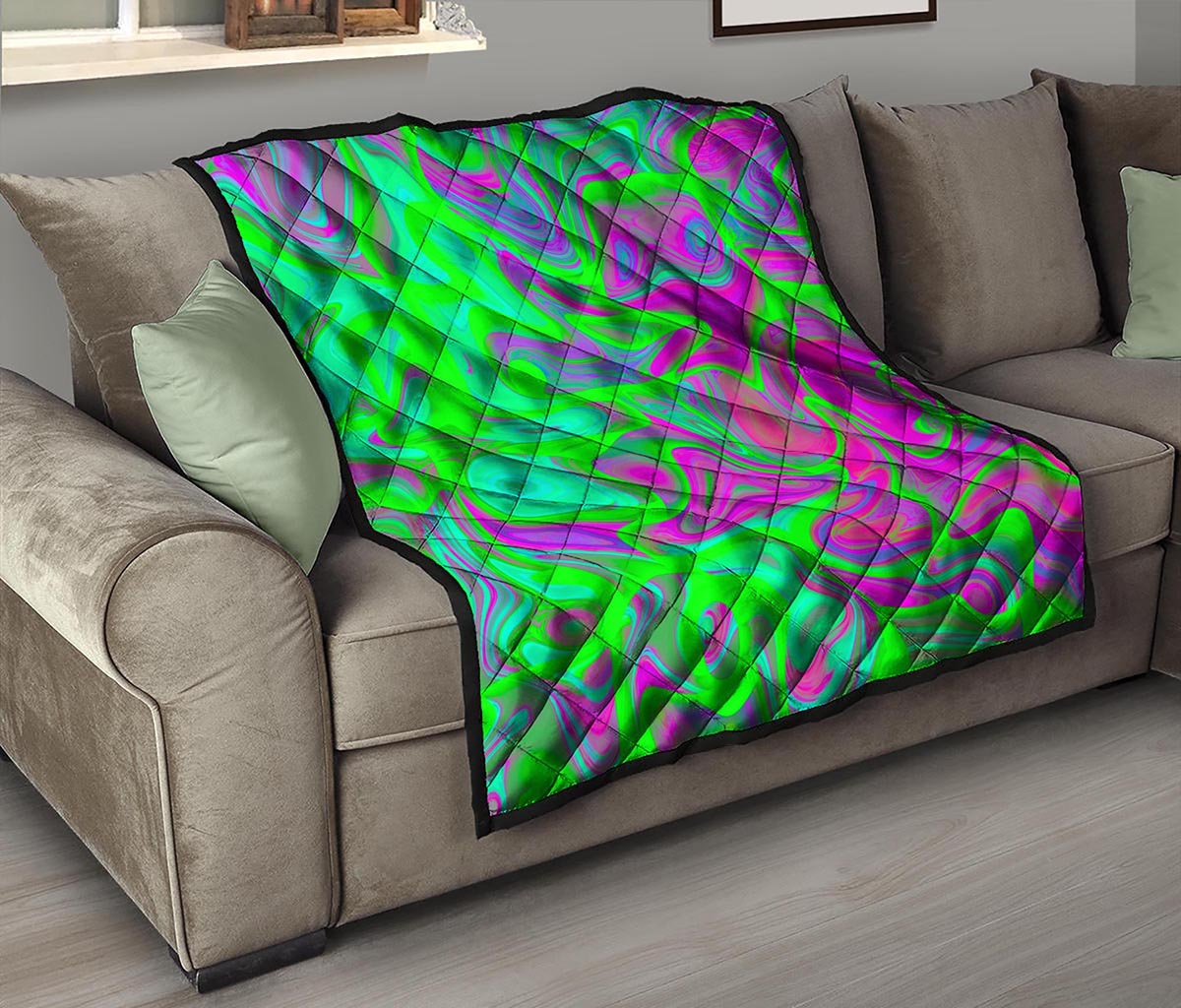 Neon Green Pink Psychedelic Trippy Print Quilt