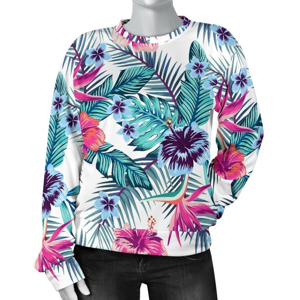 Neon Hibiscus Tropical Pattern Print Women's Crewneck Sweatshirt GearFrost