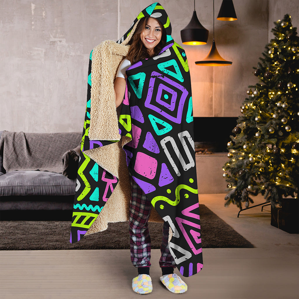 Neon Native Aztec Pattern Print Hooded Blanket