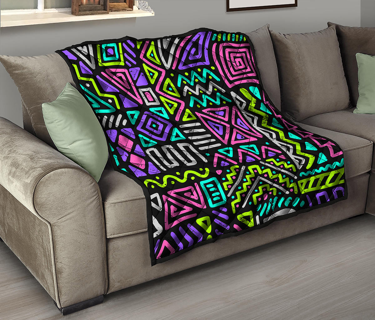 Neon Native Aztec Pattern Print Quilt