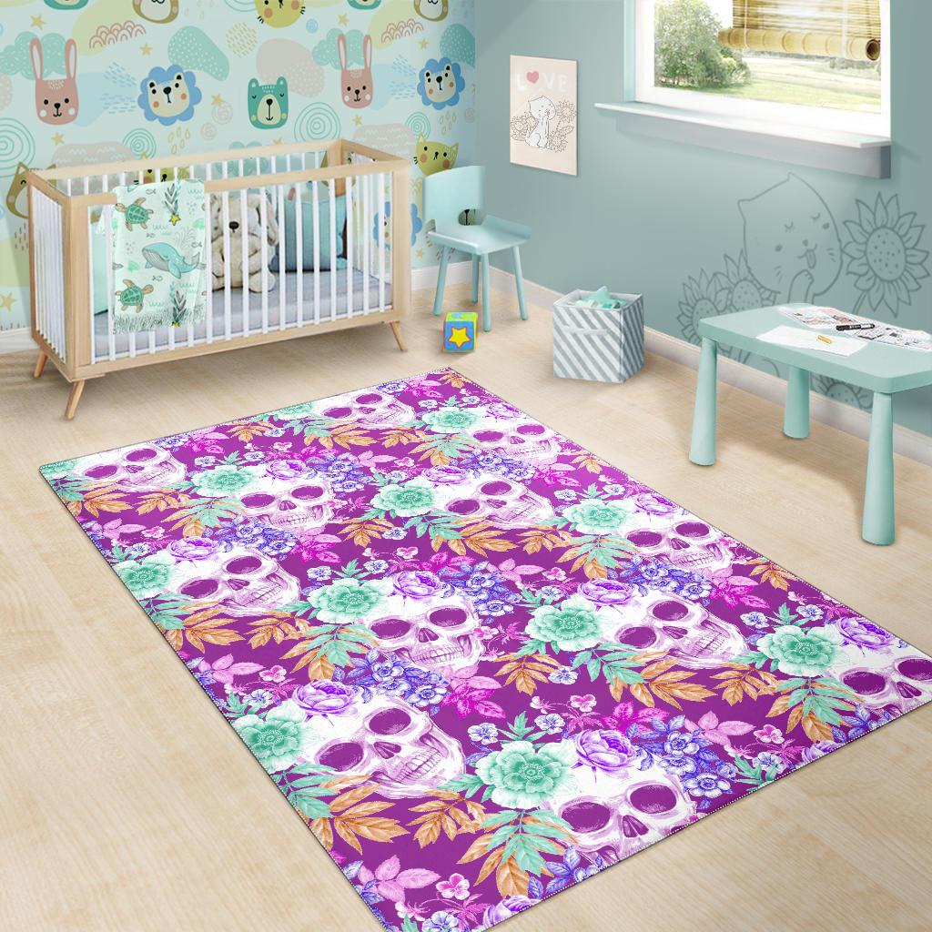 Neon Skull Floral Pattern Print Area Rug GearFrost