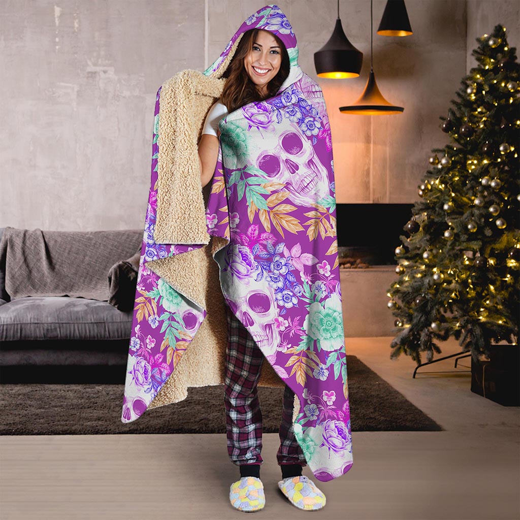 Neon Skull Floral Pattern Print Hooded Blanket