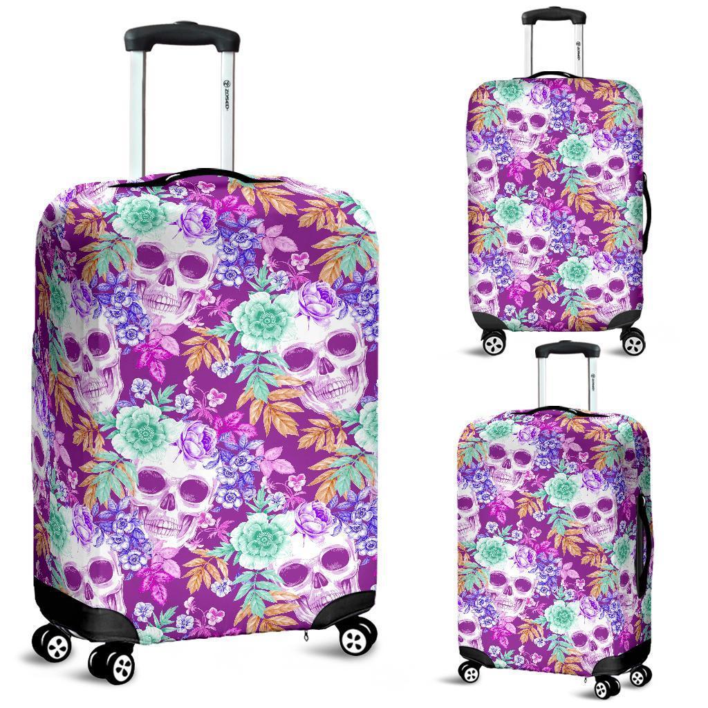 Neon Skull Floral Pattern Print Luggage Cover GearFrost