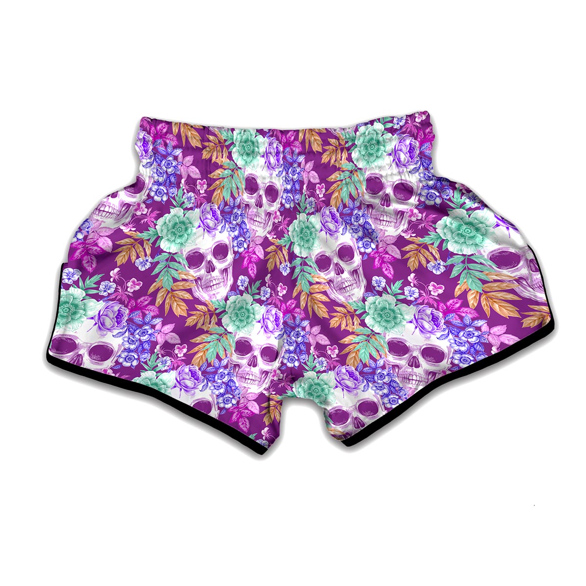 Neon Skull Floral Pattern Print Muay Thai Boxing Shorts