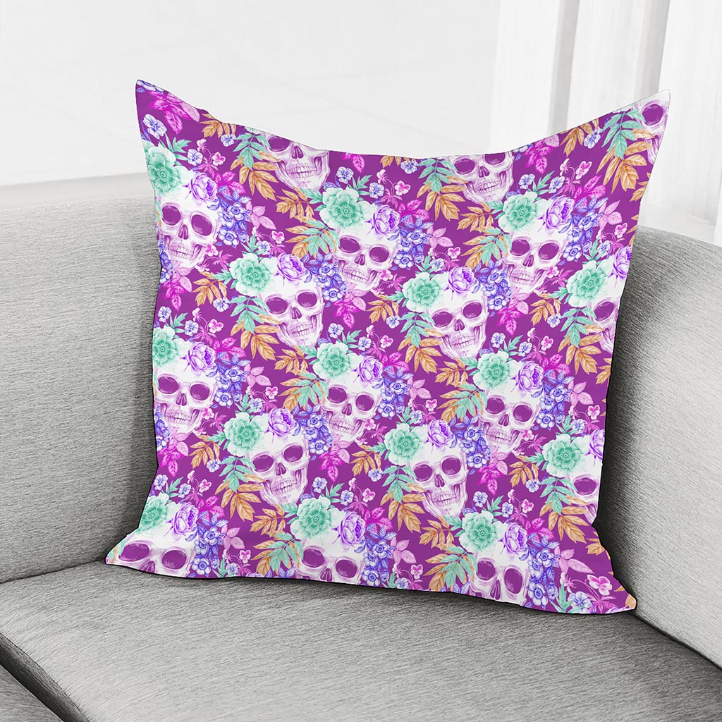 Neon Skull Floral Pattern Print Pillow Cover