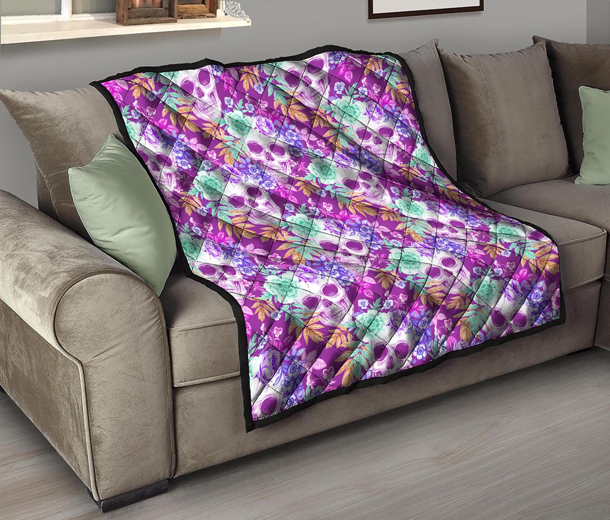 Neon Skull Floral Pattern Print Quilt