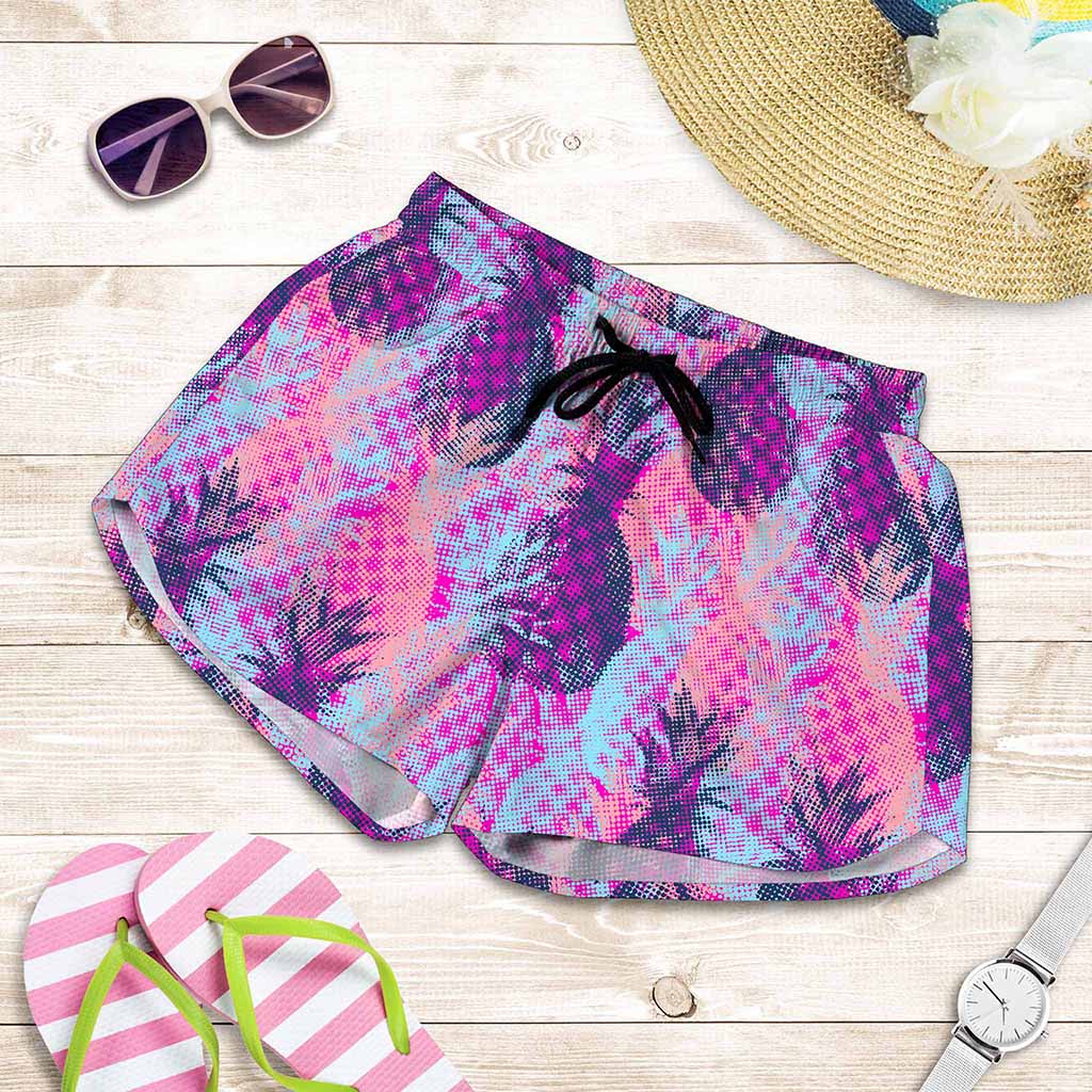 Neon Trippy Pineapple Pattern Print Women's Shorts