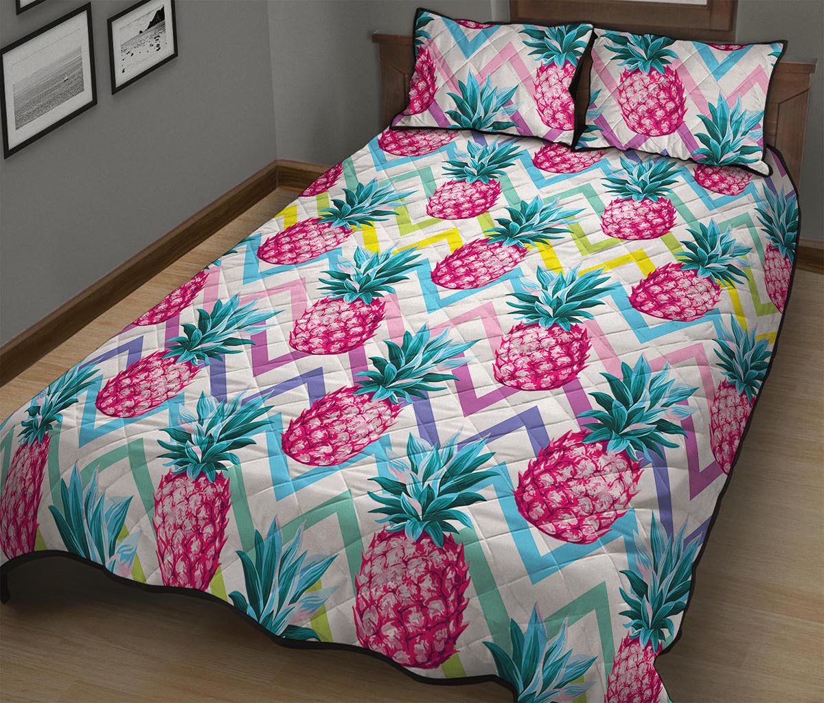 Neon Zig Zag Pineapple Pattern Print Quilt Bed Set
