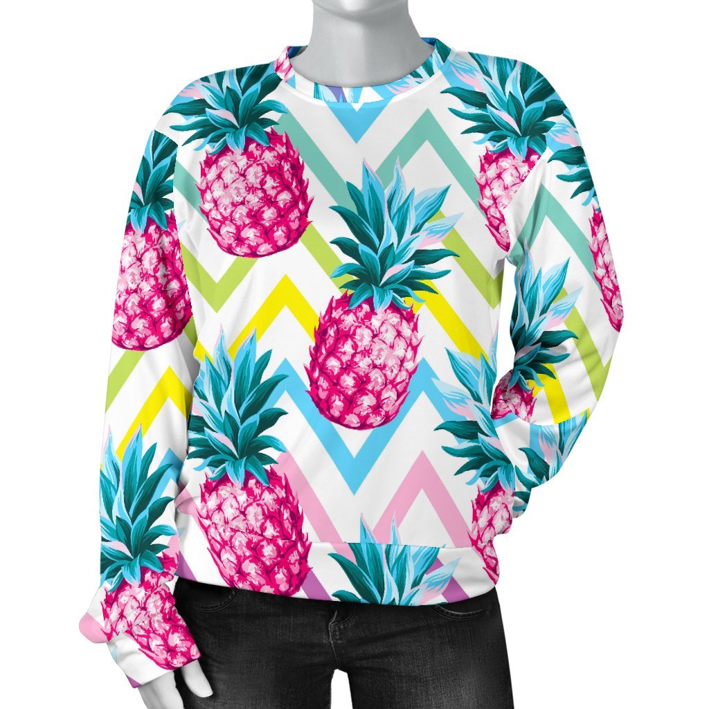 Neon Zig Zag Pineapple Pattern Print Women's Crewneck Sweatshirt GearFrost
