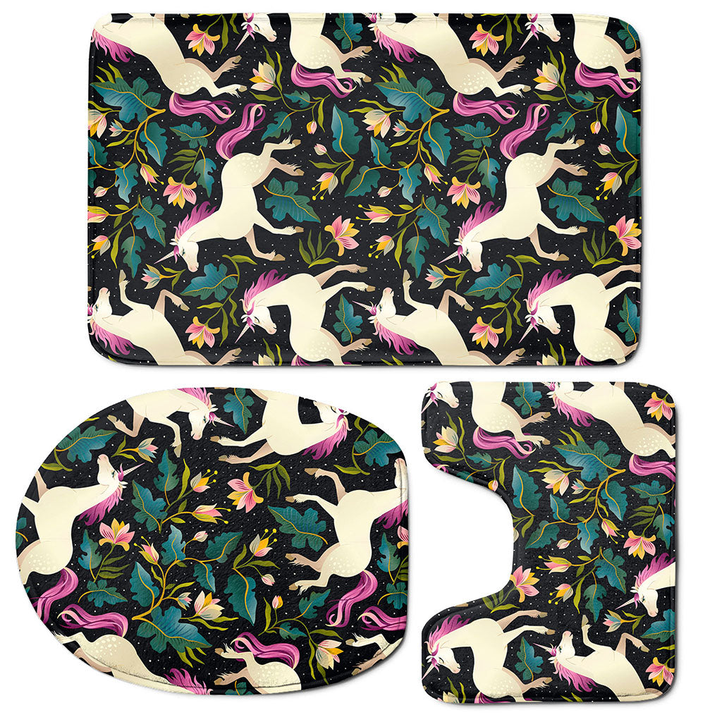 Night Floral Unicorn Pattern Print 3 Piece Bath Mat Set